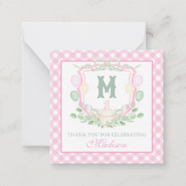 Tarjeta Pequeña Watercolor Pink 1st Birthday Monogram Crest Party