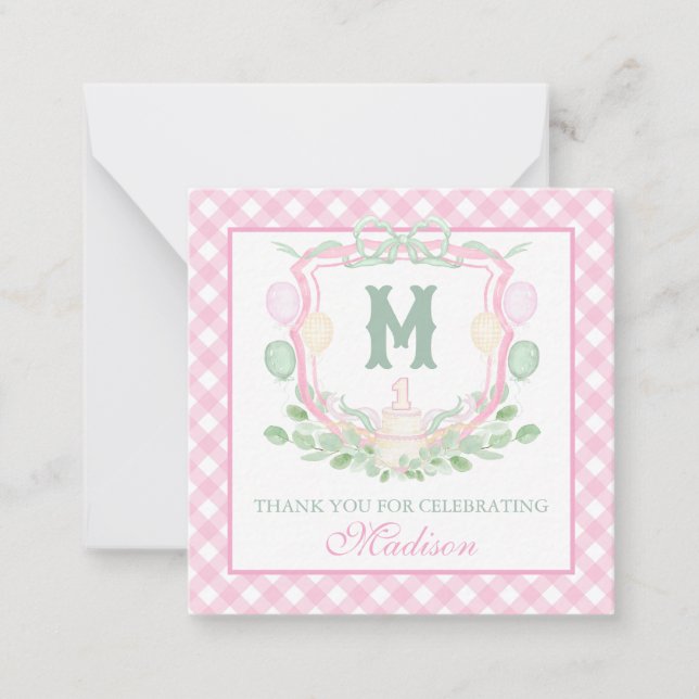 Tarjeta Pequeña Watercolor Pink 1st Birthday Monogram Crest Party (Anverso)