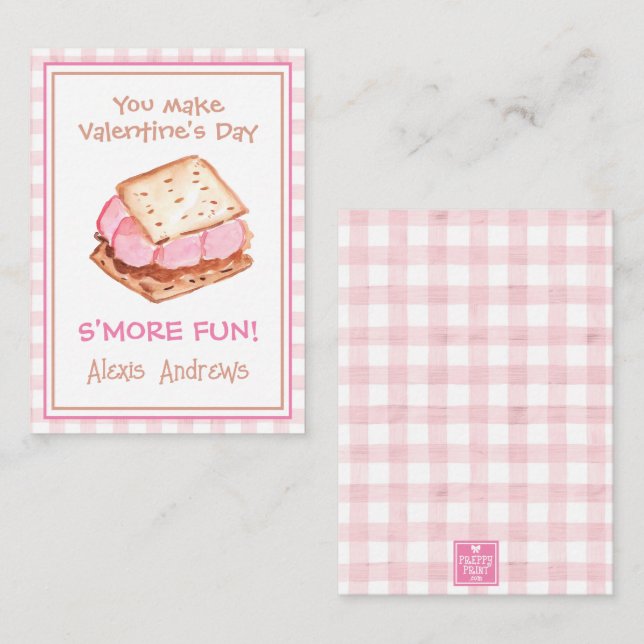 Tarjeta Pequeña Watercolor Pink Gingham S'mores Valentine (Anverso / Reverso)