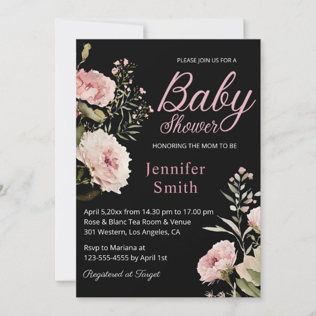 Tarjeta Pequeña watercolor pink roses girl baby shower invitation (Anverso)