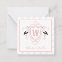 Tarjeta Pequeña Watercolor Pink Stork Bow Monogram Crest
