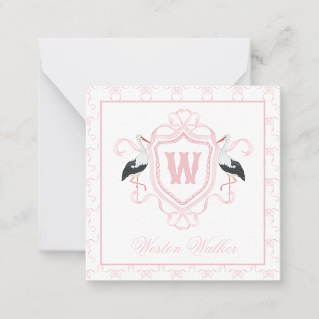 Tarjeta Pequeña Watercolor Pink Stork Bow Monogram Crest (Anverso)