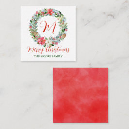Tarjeta Pequeña Watercolor Poinsettia Navidades Wreath Monograma