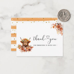 Tarjeta Pequeña Watercolor Rust Highland Cow Baby Shower gracias