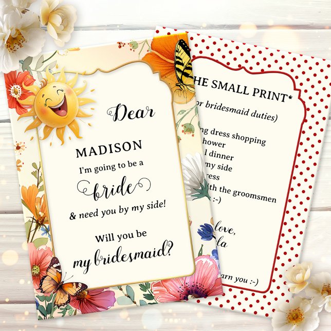 Tarjeta Pequeña Watercolor Wildflower Will you be my Bridesmaid (Bridesmaid invitation card featuring a whimsical watercolor wildflower design with laughing sun)