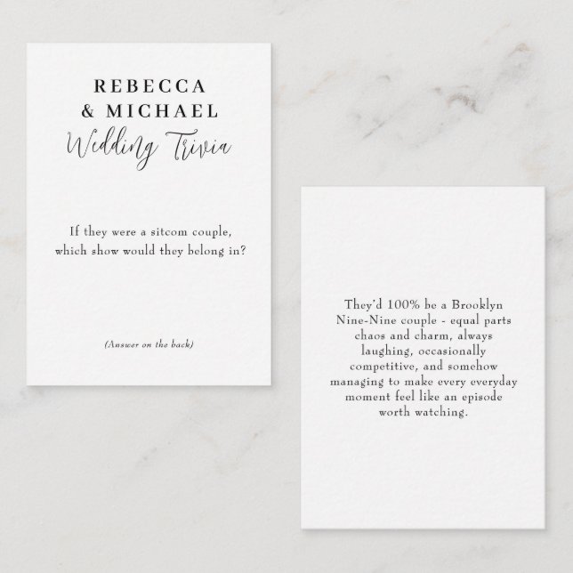 Tarjeta Pequeña Wedding Trivia Game Modern Script Fun Facts (Anverso / Reverso)