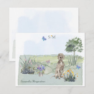 Tarjeta Pequeña Weimaraner Butterfly Meadow Monograma y nombre