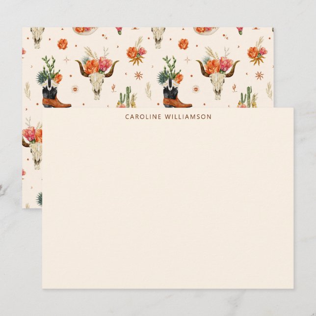 Tarjeta Pequeña Western Bull Skull Floral Personalized Stationery (Anverso / Reverso)