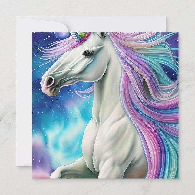 Tarjeta Pequeña Whimsical Beautiful White Unicorn Caballo con Flow (Anverso)