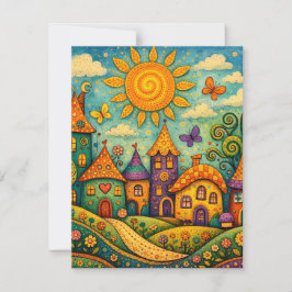 Tarjeta Pequeña Whimsical Fairy Tale Village Colorful Canvas Art