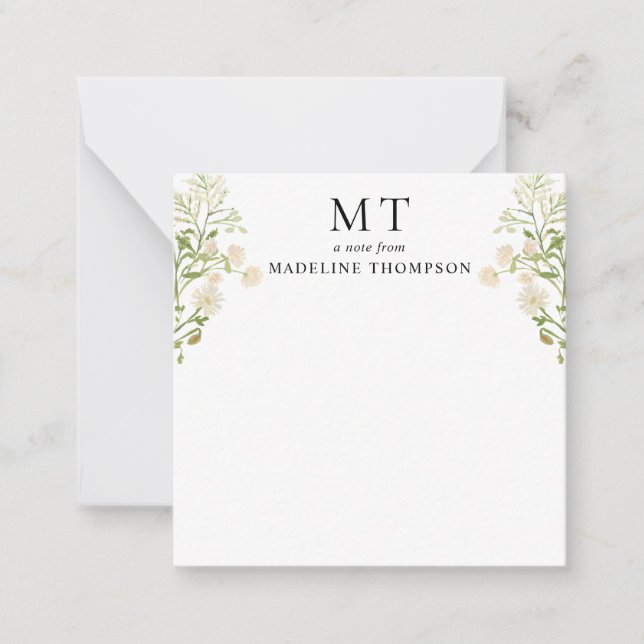 Tarjeta Pequeña White Floral Wildflower Classic Monogram Square (Anverso)