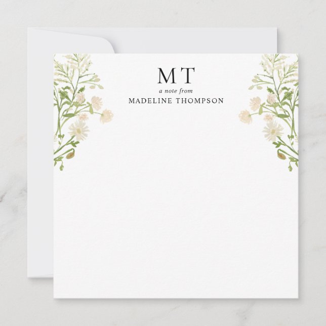Tarjeta Pequeña White Floral Wildflower Classic Monogram Square (Anverso)