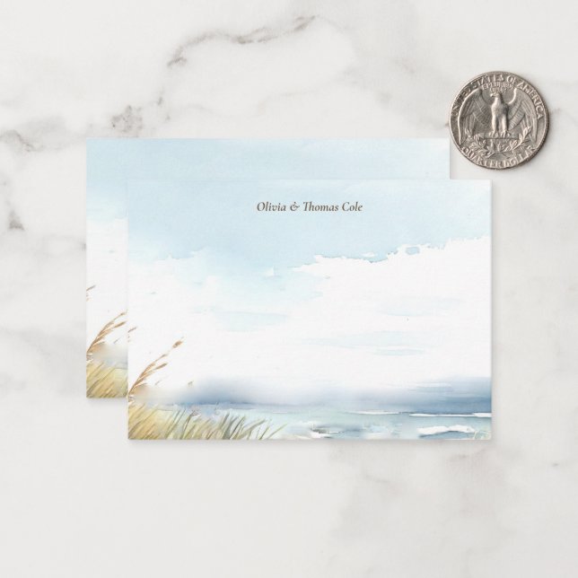 Tarjeta Pequeña Wild Beach Fence Ocean Grass Art Boda Couple (Anverso/Reverso In Situ)