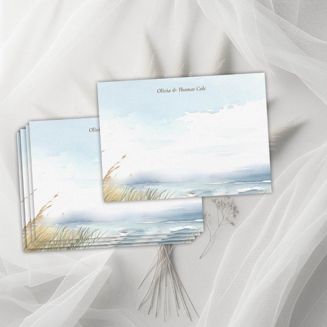Tarjeta Pequeña Wild Beach Fence Ocean Grass Stripe Boda Couple (wild beach wedding couple note card dreamy watercolor ocean fence grass nature formal modern classic)