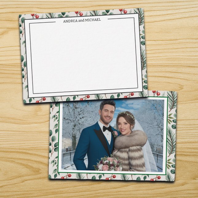 Tarjeta Pequeña Winter Wedding Berries Sage Photo Thank You Card (Subido por el creador)
