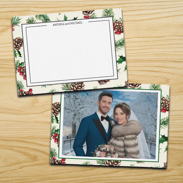 Tarjeta Pequeña Winter Wedding Pine Cones Photo Thank You Card (Subido por el creador)