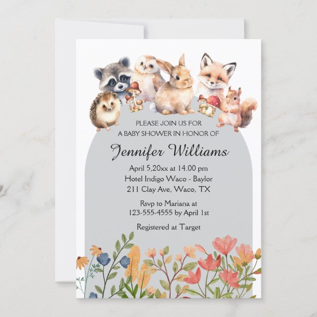 Tarjeta Pequeña woodland animals arch baby shower invitation (Anverso)
