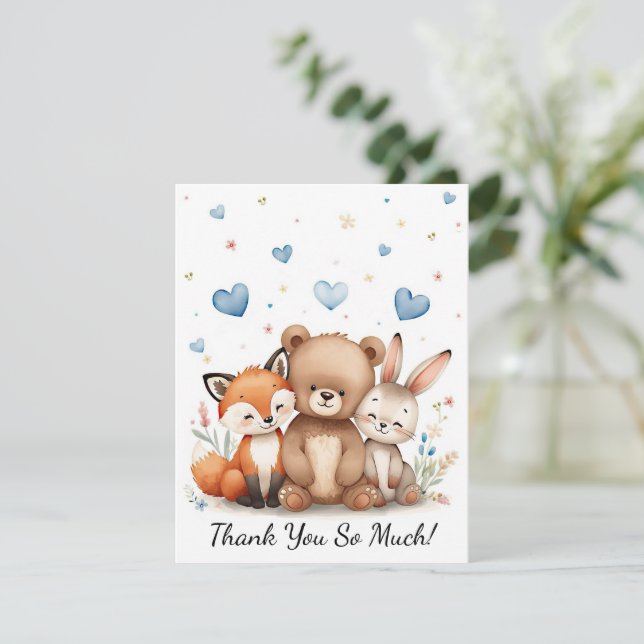 Tarjeta Pequeña Woodland Animals Bear Fox Bunny Kids Pastel Blue (Anverso de pie)