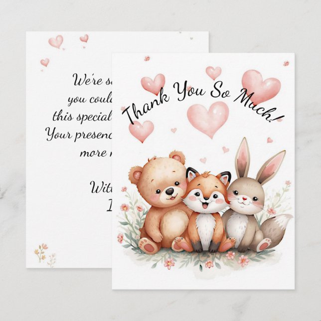 Tarjeta Pequeña Woodland Animals Bear Fox Bunny Kids Pastel Pink (Anverso / Reverso)