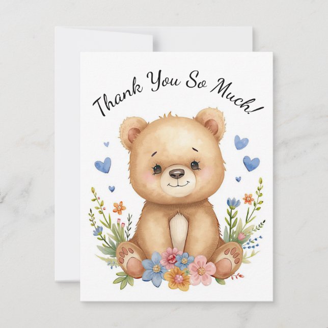 Tarjeta Pequeña Woodland Baby Bear Kids Pastel Blue Hearts Floral (Anverso)