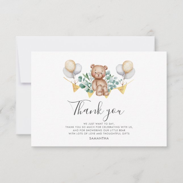Tarjeta Pequeña Woodland Bear Baby Shower Gracias (Anverso)