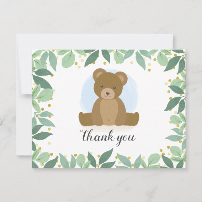 Tarjeta Pequeña Woodland Bear Greenery Baby Shower (Anverso)