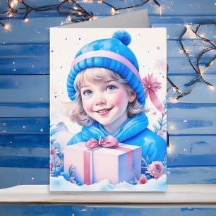Tarjeta Pequeño Chica de cosecha en Navidades azules y ros