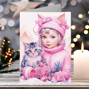 Tarjeta Pequeño Chica de cosecha y Navidades de gatitos du