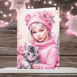 Tarjeta Pequeño Chica Vintage y dulce Kitten Joyeux Noël