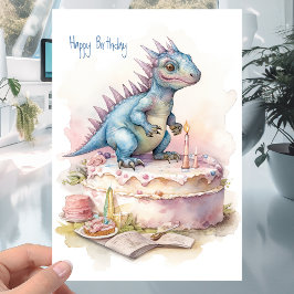 Tarjeta Pequeño Dinosaurio lindo con pastel - Cumpleaños d