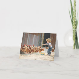 Tarjeta Pequeño granjero alimentando pollos