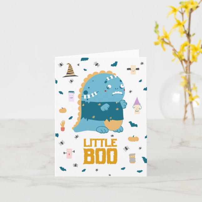 Tarjeta Pequeño Monstruo Azul de Halloween Boo (flor amarilla)