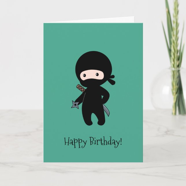 Tarjeta Pequeño Ninja Holding Star Dark Green Birthday (Anverso)