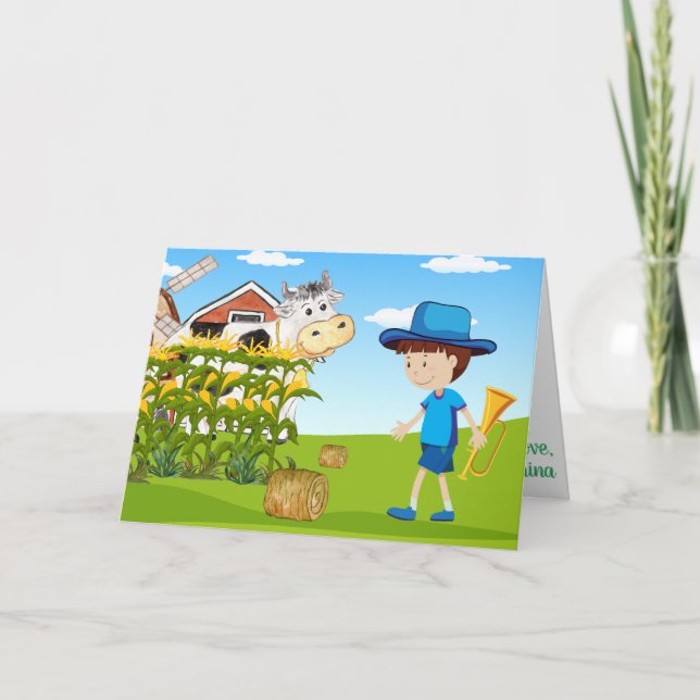 Tarjeta Pequeño niño Azul Granja Divertido niños Fab Color (Anverso)