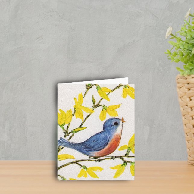 Tarjeta Pequeño pájaro dulce Notecard (Little red and blue singing bird on branch yellow flowers on faux textured white notecards.)