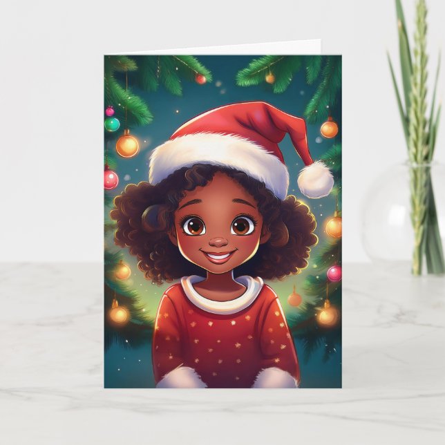 Tarjeta Pequeños Navidades Chicas negros Santa Hat (Anverso)