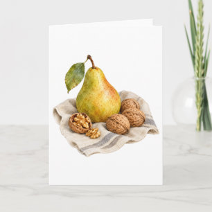 Tarjeta Pera y nueces sobre un paño de lino