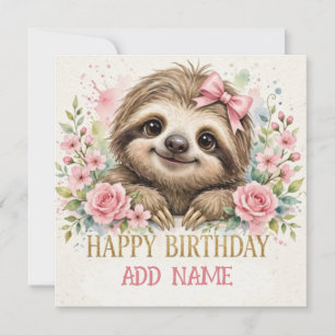 Tarjeta Perezosa hembra: animalito con lazo y flores paste