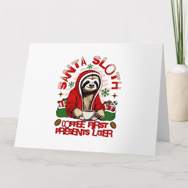 Tarjeta Perezoso de Santa tomando café  (Anverso)