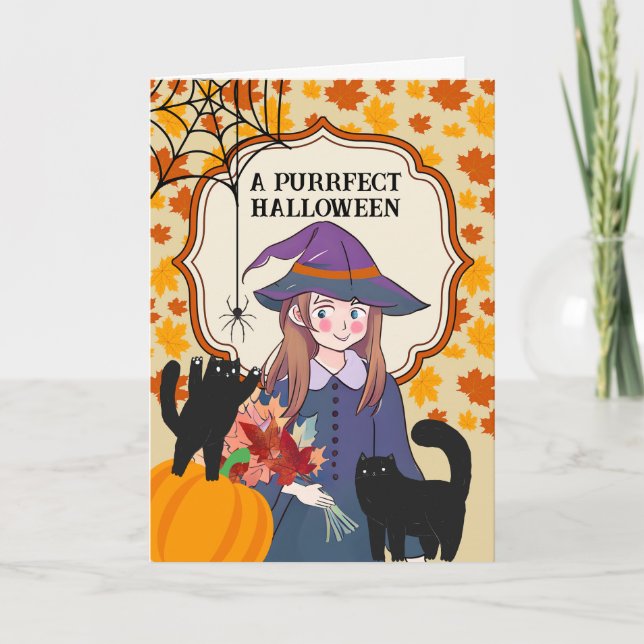 Tarjeta Perfecta Bruja de Halloween con gatos y araña (Anverso)