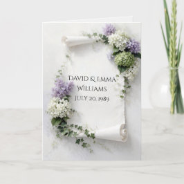 Tarjeta Pergamino de aniversario con lilas e hydrangeas