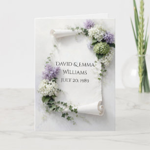 Tarjeta Pergamino de aniversario con lilas e hydrangeas 