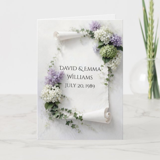 Tarjeta Pergamino de aniversario con lilas e hydrangeas  (Anverso)