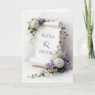 Tarjeta Pergamino de Boda con Lilas y Hortensias