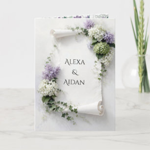 Tarjeta Pergamino de Boda con Lilas y Hortensias 