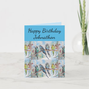 Tarjeta Perico Azul Budgies Arte Acuarela Pájaros Nombre H