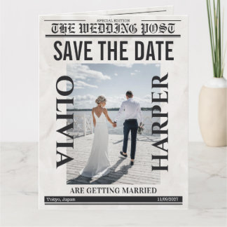 Tarjeta Periódico Vintage de Boda Personalizado “Save the