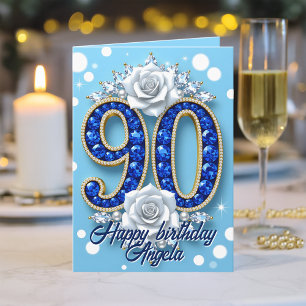 Tarjeta Perlas de gemas azules y rosas blancas 90 cumpleañ