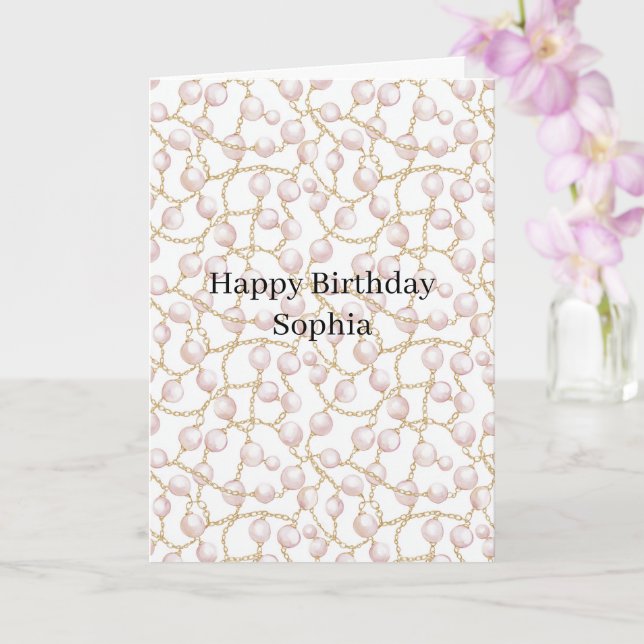 Tarjeta Perlas Rosadas Cumpleaños Cadena de Oro (Orquídea)
