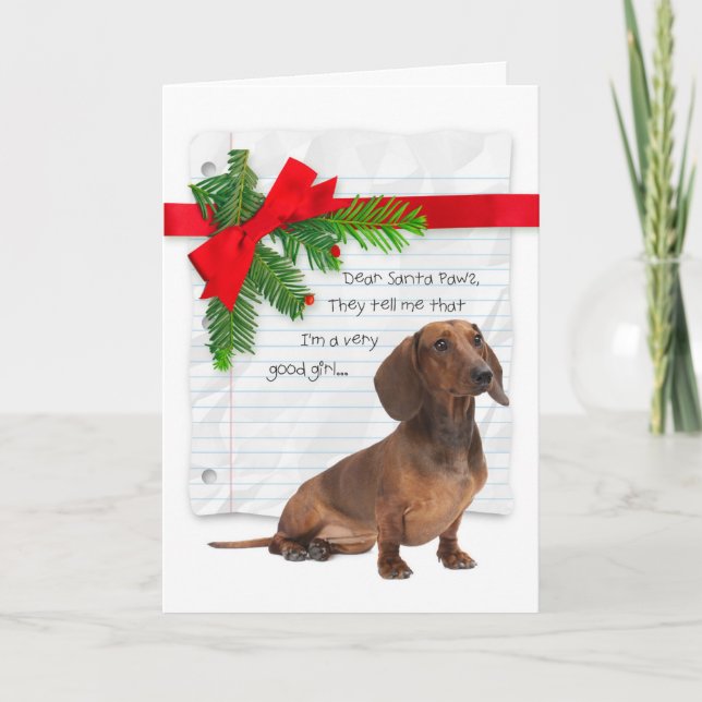 Tarjeta Perrita Dachshund Divertida Navidad Buena Chica (Anverso)